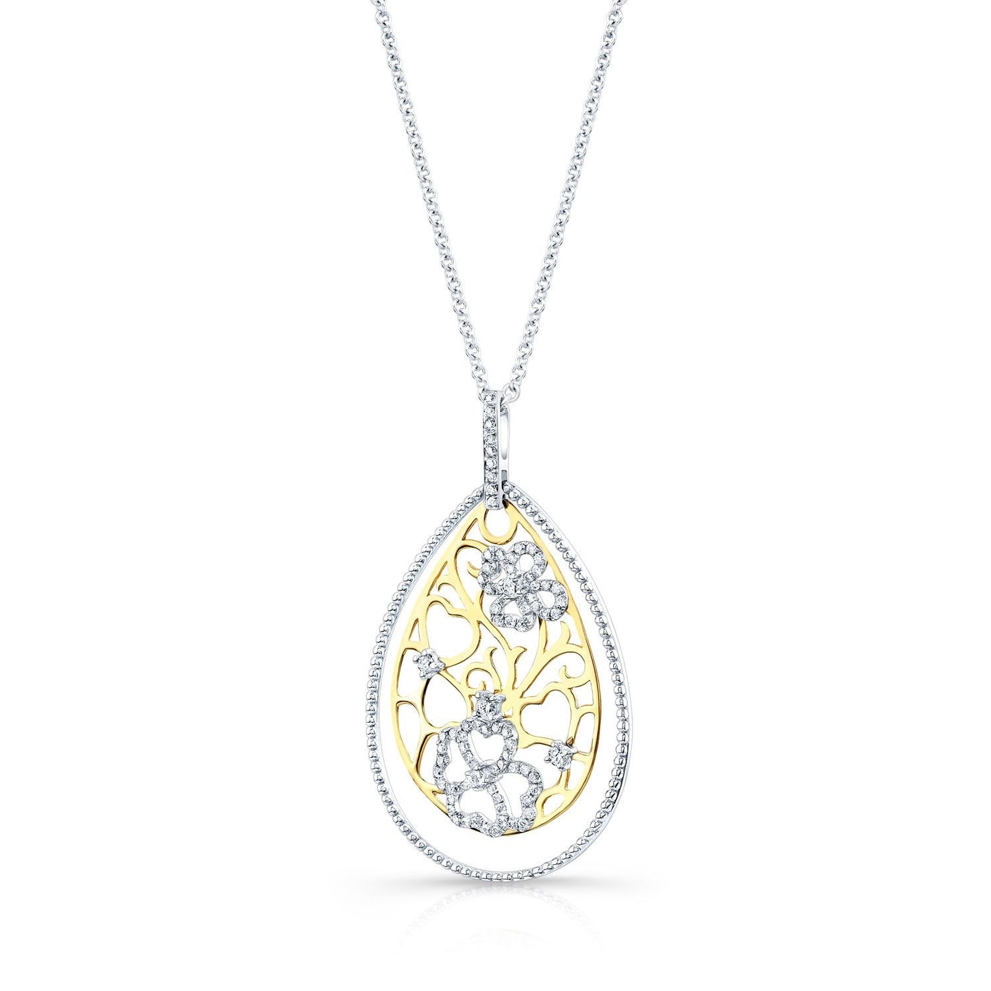 Diamond Tear Drop Scrolled Lattice Pendant In 14k Yellow And White Gold