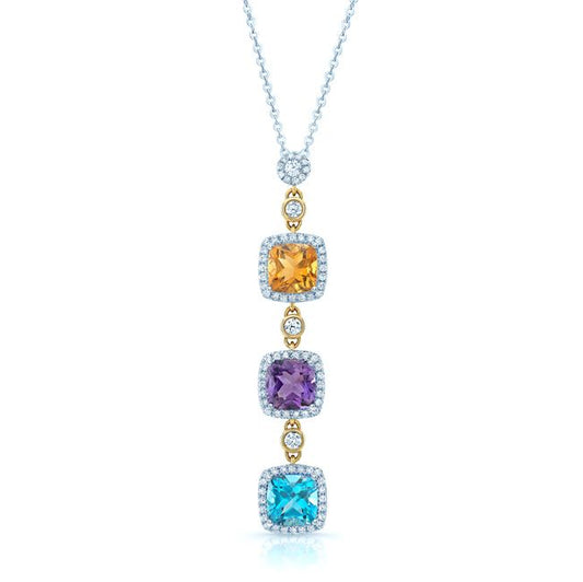 Multi-color Semi-precious And Diamond Dangle Pendant In 14k Two Tone