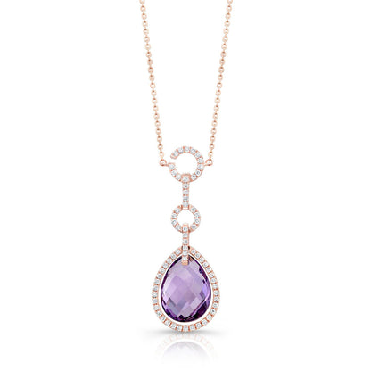 Amethyst Checkerboard Pear Shape Pendant With Diamond Border And Circle Links Bail In 14k Rose Gold (15x11mm)