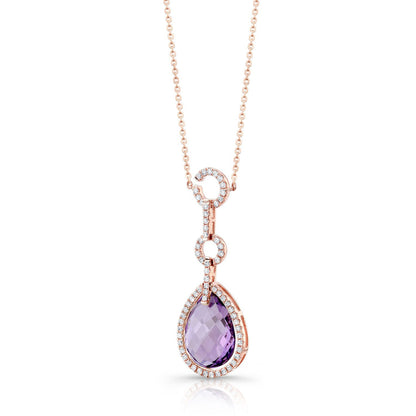 Amethyst Checkerboard Pear Shape Pendant With Diamond Border And Circle Links Bail In 14k Rose Gold (15x11mm)