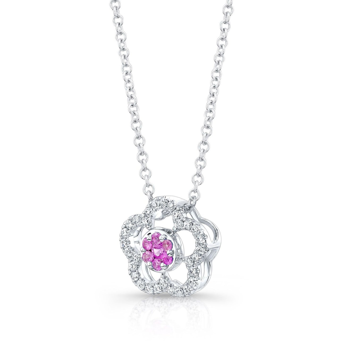 Pink Sapphire And Diamond Flower Slide Pendant In 18k White Gold