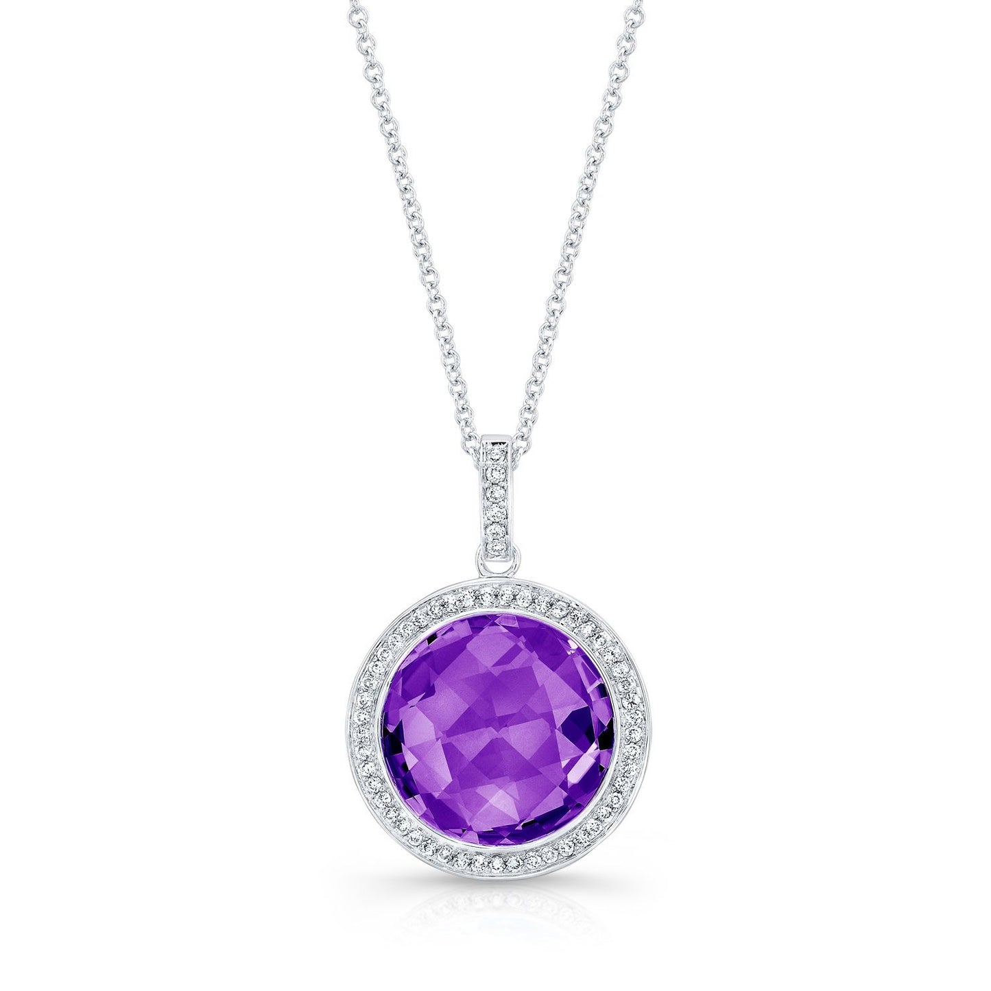 Amethyst And Diamond Round Checkerboard Halo Pendant In 14k White Gold (si)