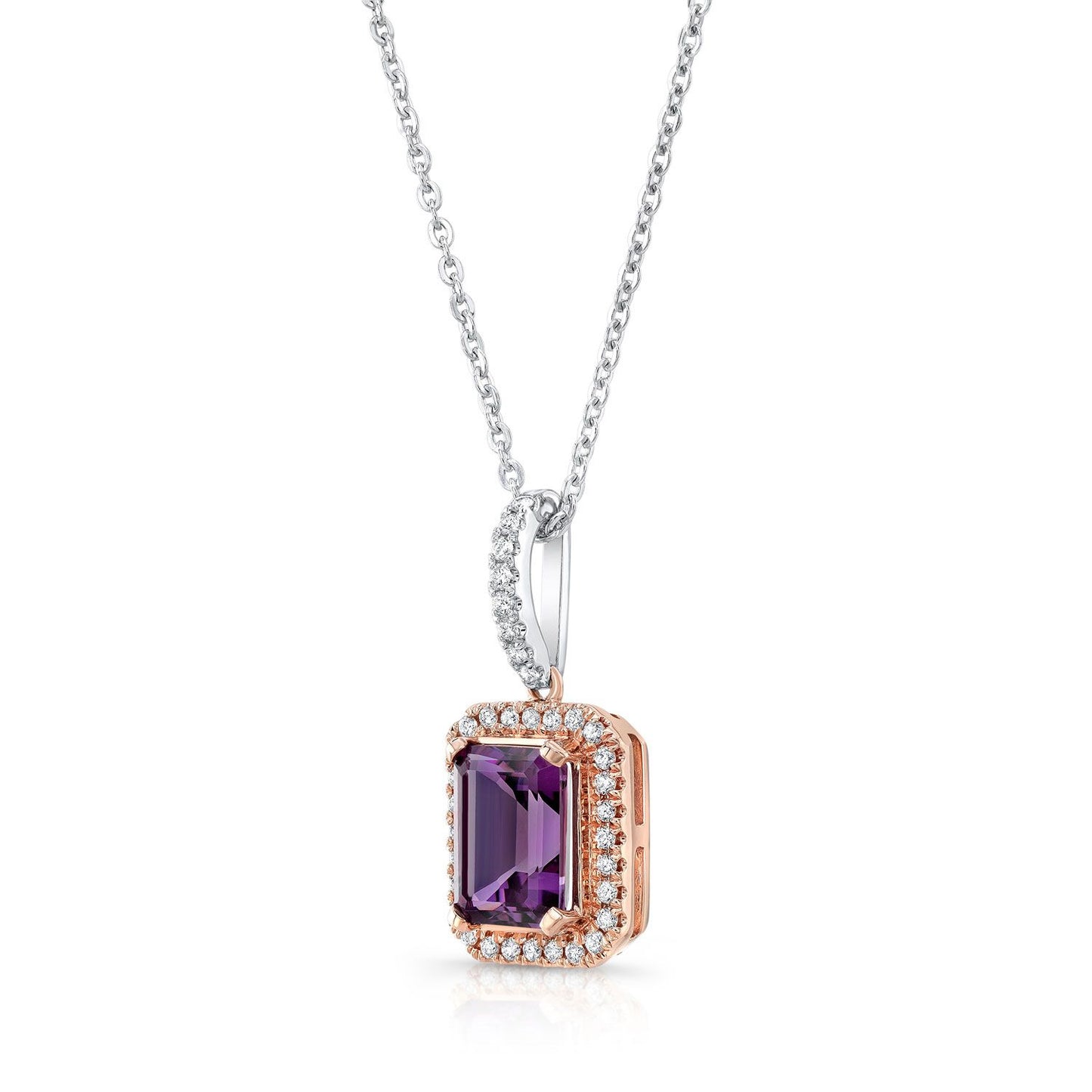 Amethyst And Diamond Emerald-cut Halo Pendant In 14k Two Tone Gold (8x6mm Center)