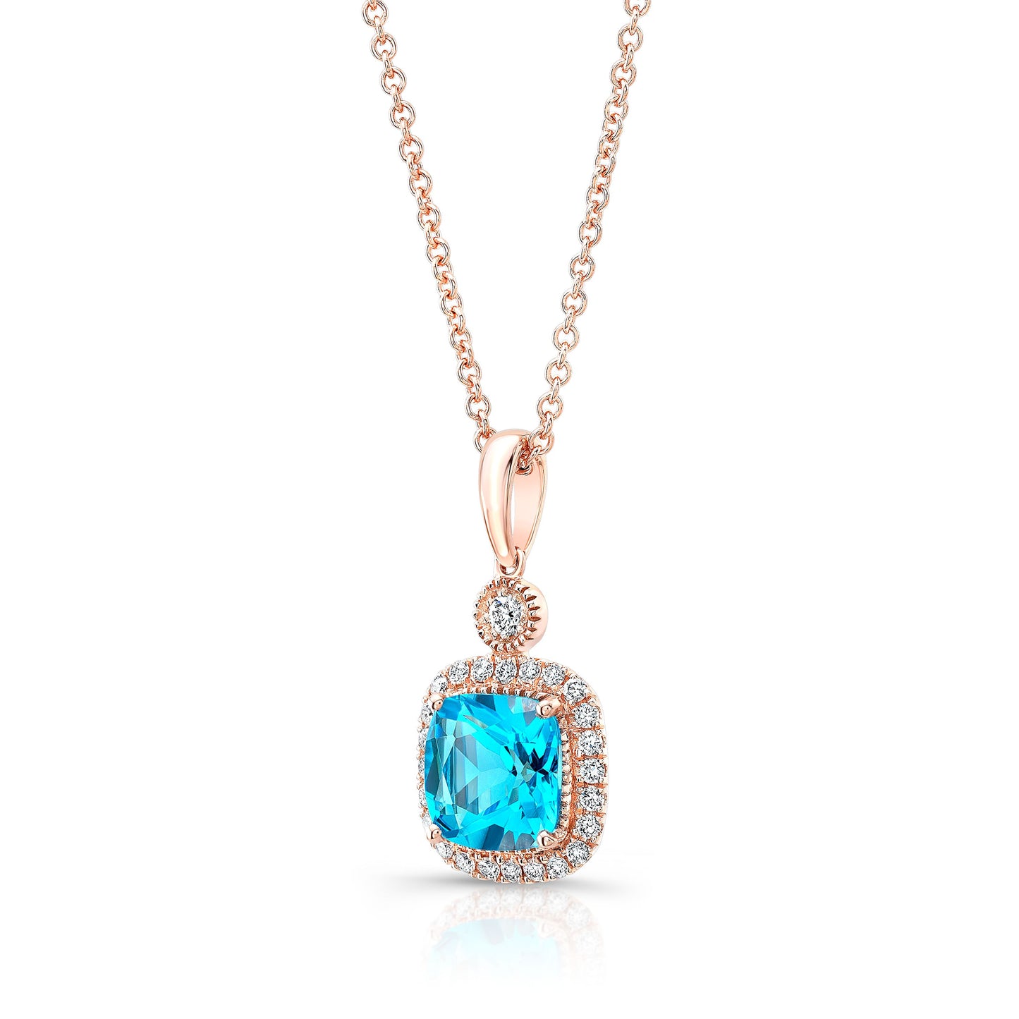 Blue Topaz Cushion And Diamond Halo Pendant In 14k Rose Gold