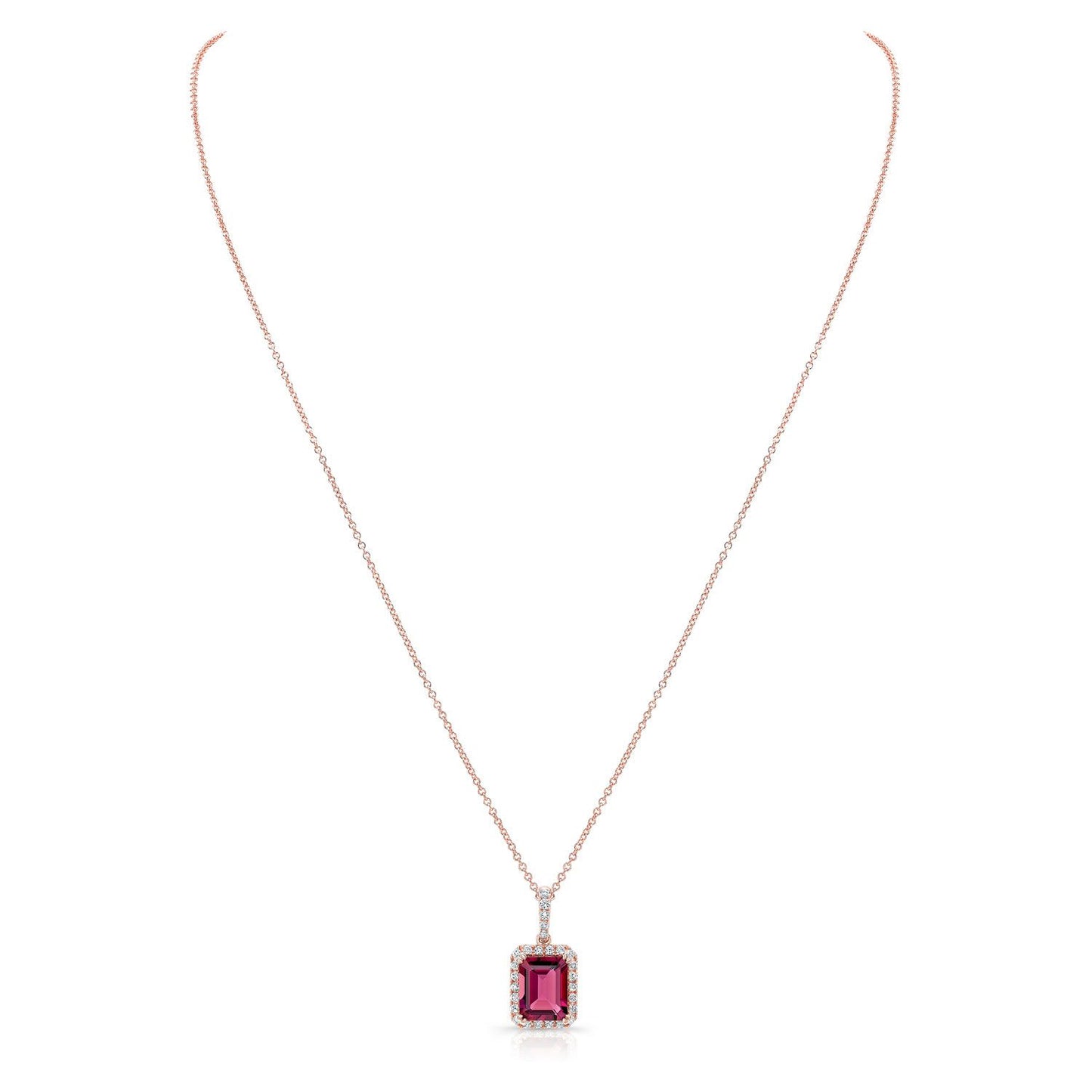 Pink Tourmaline Emerald-cut And Diamond Halo Pendant In 14k Rose Gold