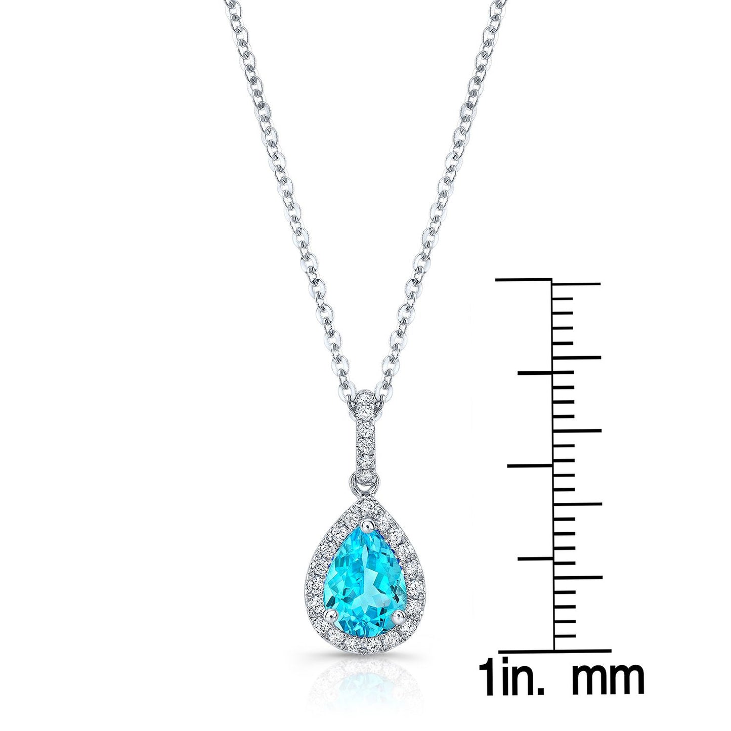 Blue Topaz And Diamond Teardrop Halo Pendant With Slim Pave Bail In 14k White Gold 0.12ctw With 16-18 Inch Adjustable Rolo Chain