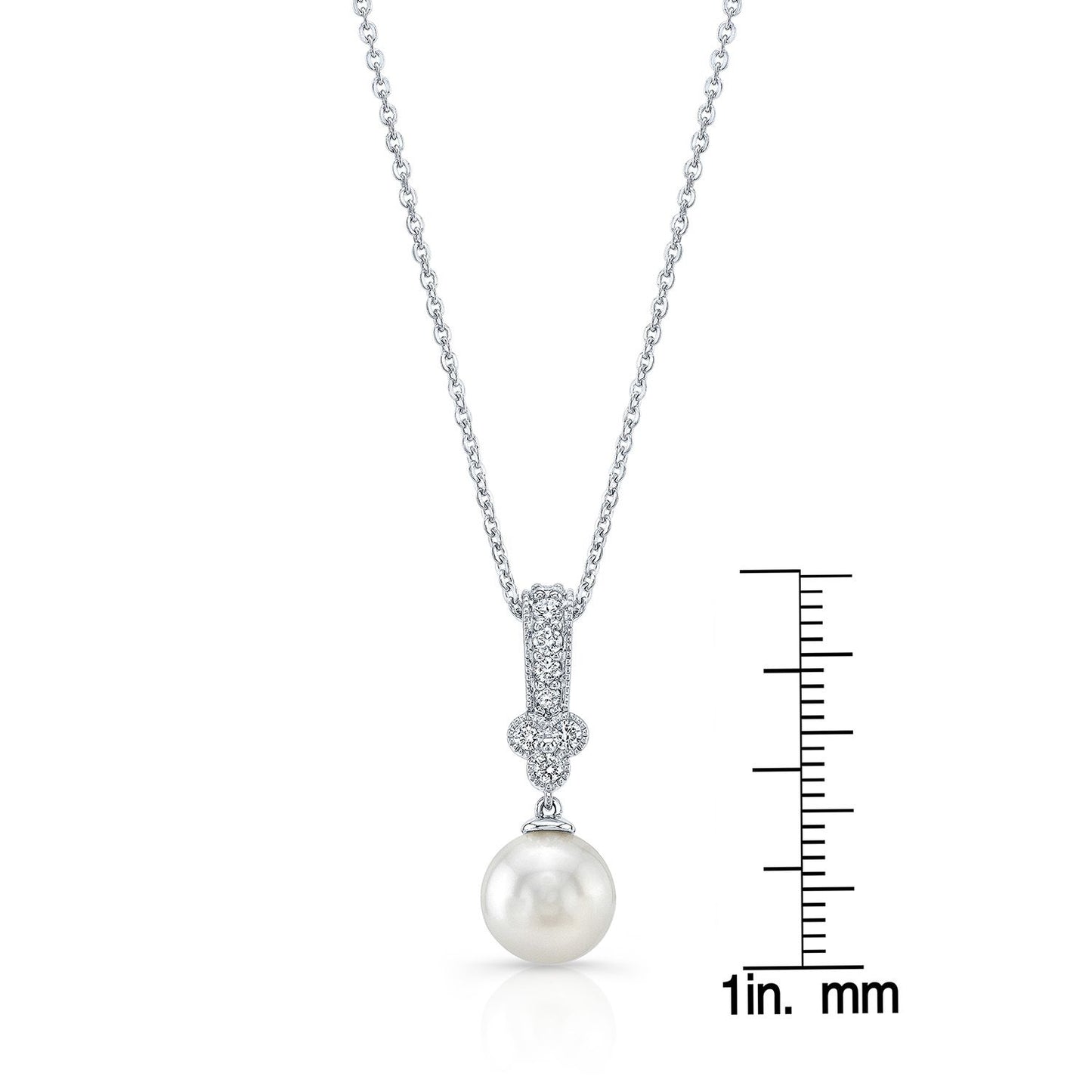 White Pearl And Diamond Drop Pendant With Clover And Pave Millgrained Bail In 14k White Gold (9.0-9.5mm) (si)