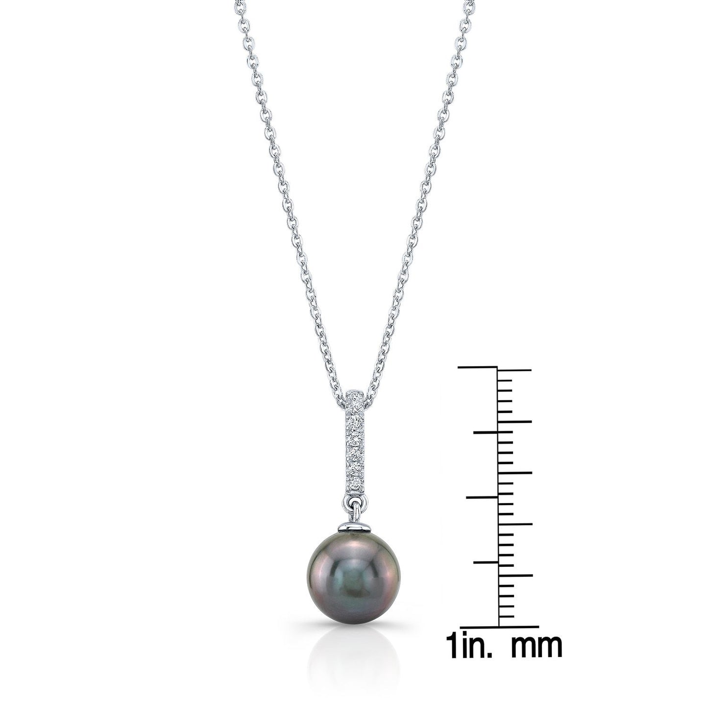 Black Pearl And Diamond Straight Drop Pendant In 14k White Gold (9.0-9.5mm) (si)