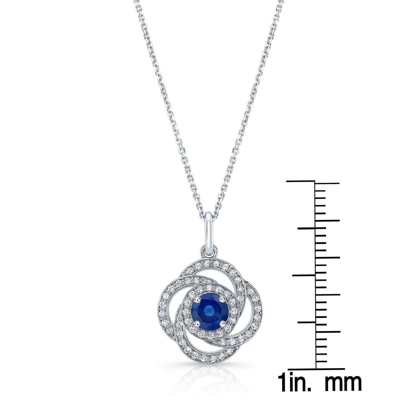 Sapphire And Diamond Round Pendant With Pave Love Knot Frame In 14k White Gold (5.5mm)