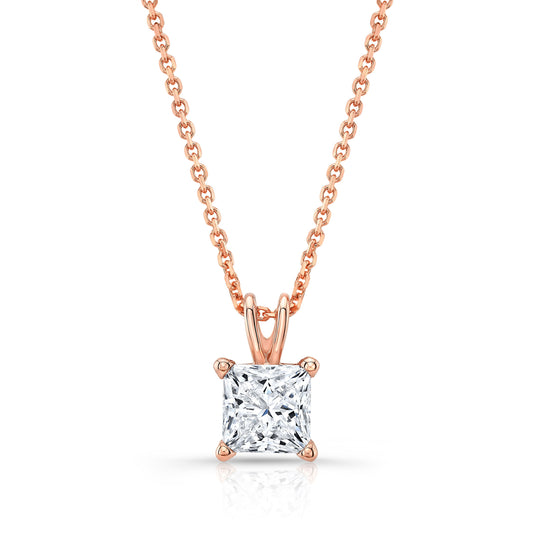 Princess Diamond Solitaire Pendant In A 14k Rose Gold 4-prong Basket Setting, 2ct. T.w. (hi, Si1-si2)