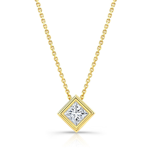 Princess Diamond Solitaire Pendant In A 14k Yellow Gold Bezel Slide Setting, 0.75ct. T.w. (hi, Si1-si2)