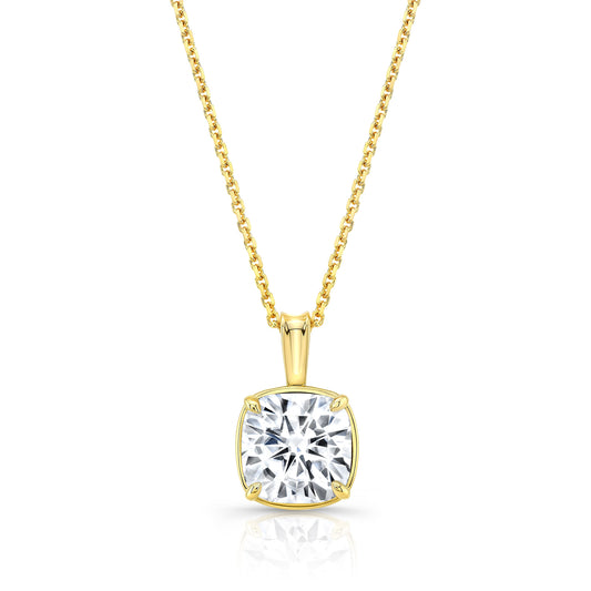 Cushion Diamond Solitaire Pendant In A 14k Yellow Gold 4-prong Leaf Scroll Setting, 3ct. T.w. (hi, Si1-si2)