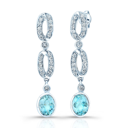 Aquamarine And Diamond Oval Links Dangle Earrings In 14k White Gold (8x6mm)