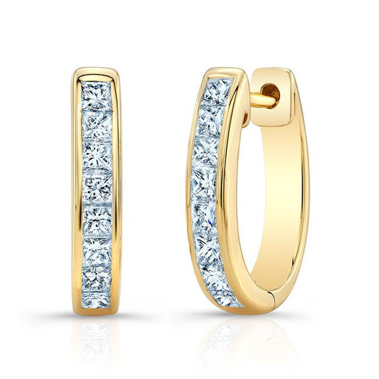 Diamond Princess Cut Channel Hinged Hoop Earrings In 14k Yellow Gold (1 Ctw)