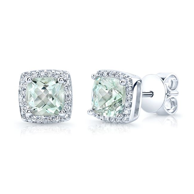 Green Quartz And Pave Diamond Earrings In 14k White Gold