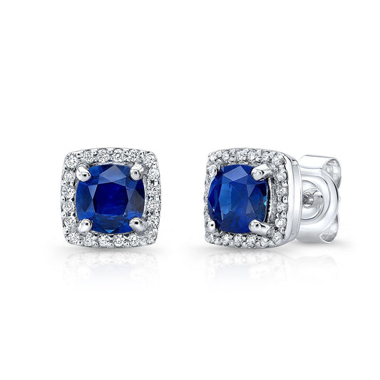 Sapphire And Diamond Cushion Halo Earrings In 14k White Gold