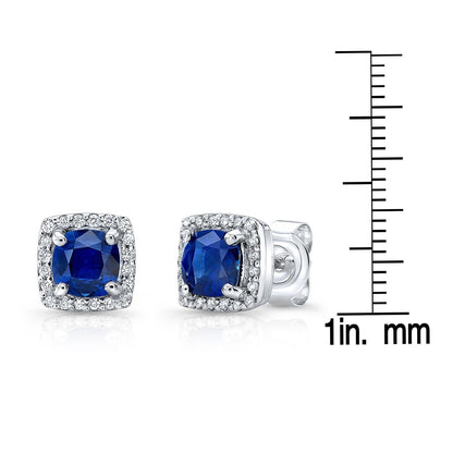 Sapphire And Diamond Cushion Halo Earrings In 14k White Gold