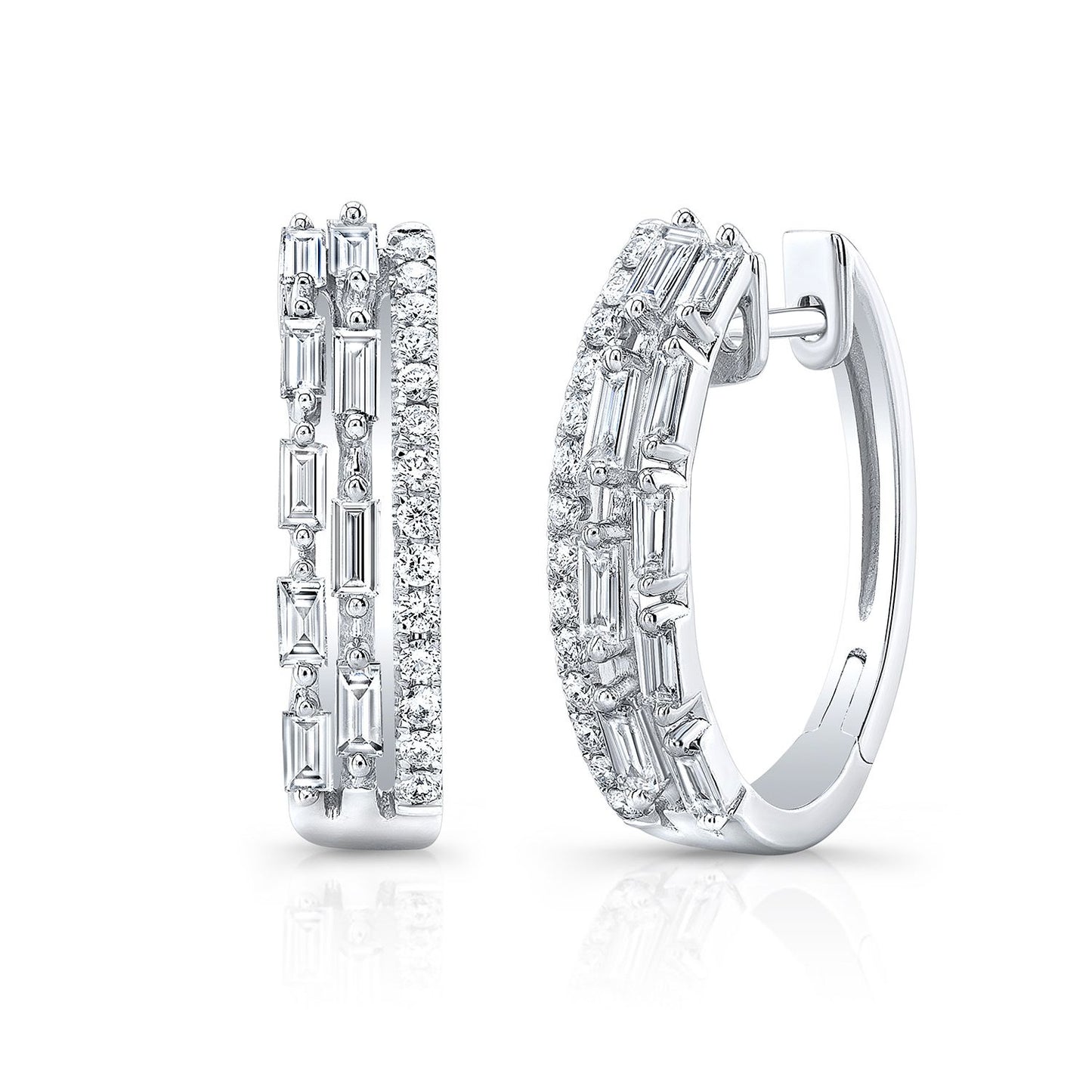 Diamond Baguette And Round Brilliant Multi-row Oval Hinged Hoop Earring In 14k White Gold