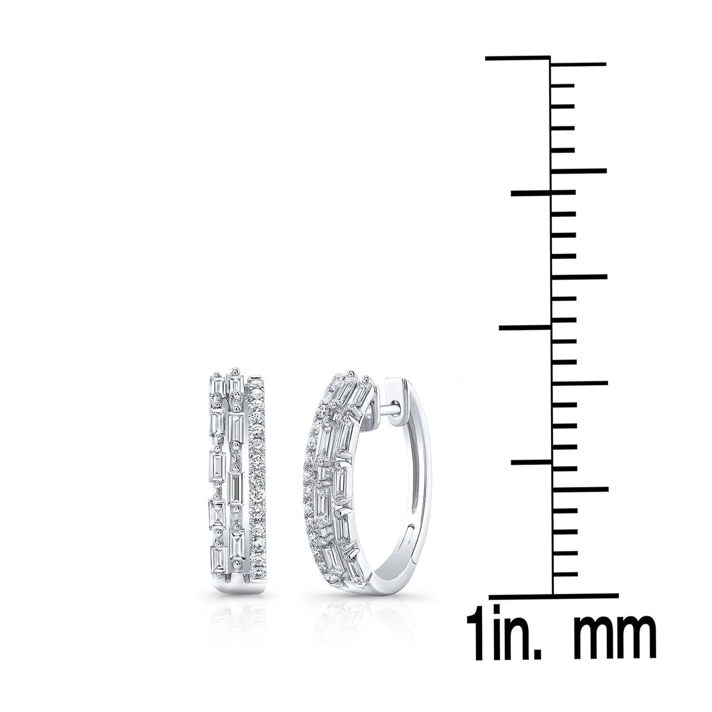 Diamond Baguette And Round Brilliant Multi-row Oval Hinged Hoop Earring in 14K White Gold