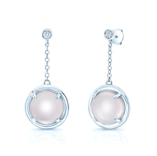 Amethyst Mother Of Pearl And Diamond Cabochon Dangle Earrings In 14k White Gold