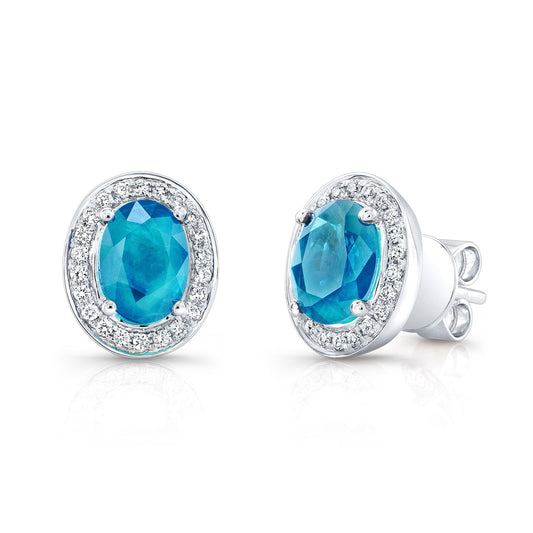 Aquamarine And Diamond Oval Halo Stud Earrings In 14k White Gold (8x6mm)
