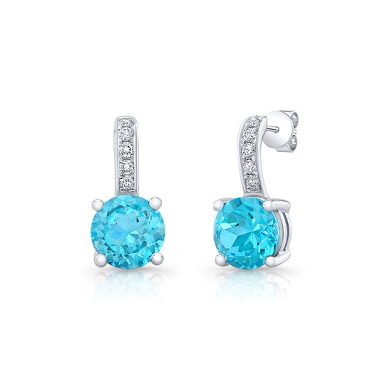 Blue Topaz And Diamond Round Drop Earrings In 14k White Gold