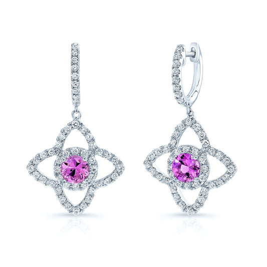 Pink Sapphire And Diamond Dangle Flower Earrings In 14k White Gold (1ctw)