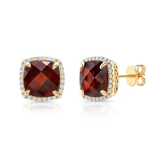 Garnet Cushion And Pave Diamond Earrings In 14k Yellow Gold (1/5 Ct. Tw.)