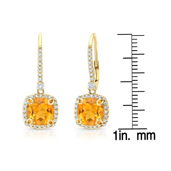 Citrine And Diamond Halo Cushion Dangle Earrings In 14k Yellow Gold 0.28ctw