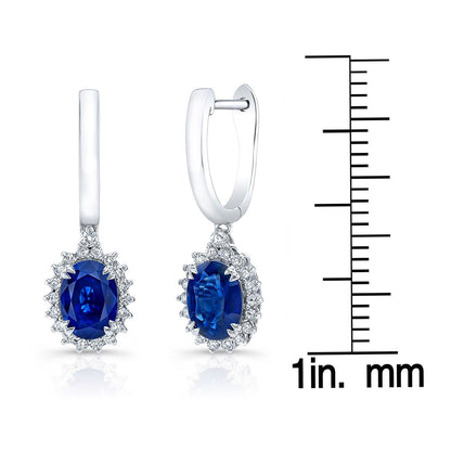 Sapphire Oval And Diamond Starburst Frame Earrings In 14k White Gold (7x5mm)
