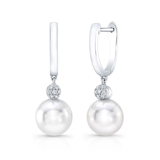 Pearl And Diamond Pave Disk Dangle Earring In 14k White Gold (8.0-8.5mm)