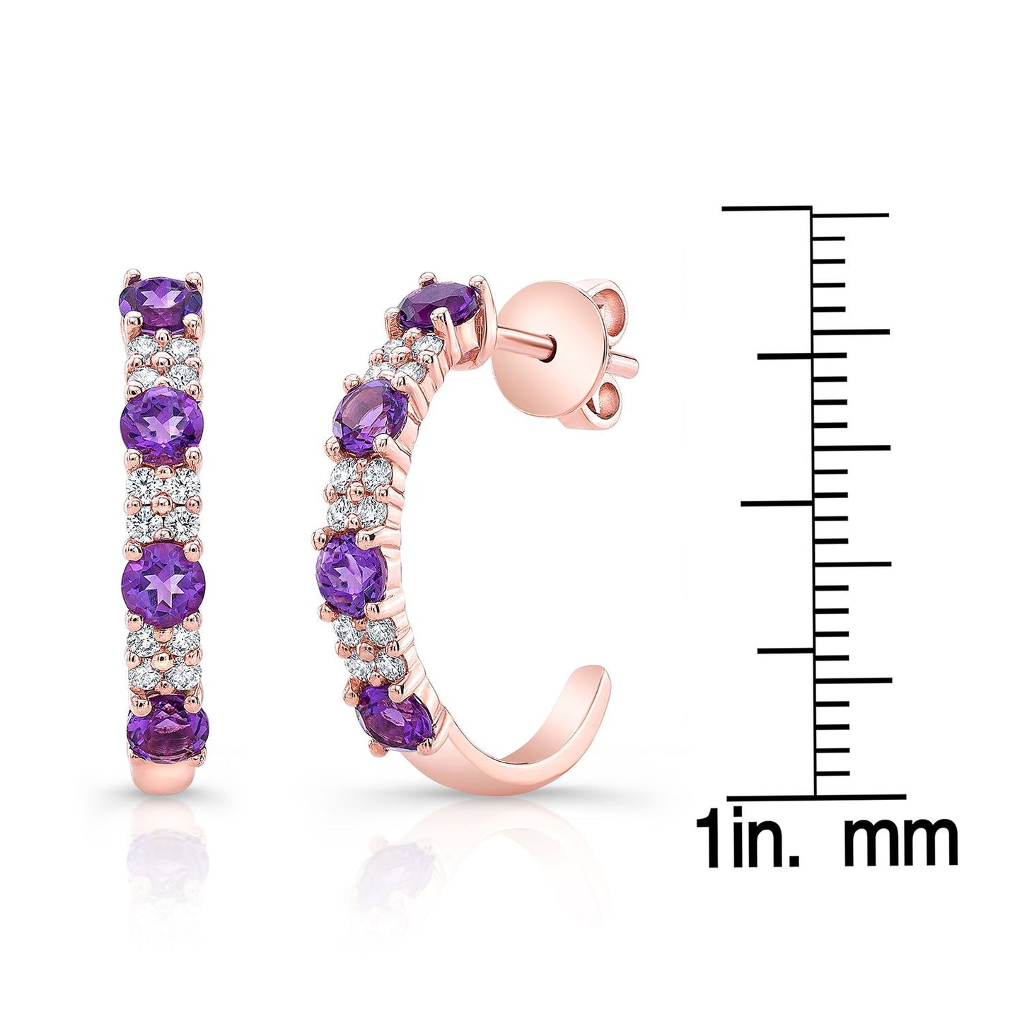 Amethyst And Diamond Alternating Prong-set 2-row Half Hoop Earring In 14k Rose Gold