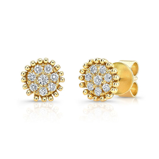 Diamond Pave Round Earrings With Beaded Border In 14k Yellow Gold (1/6 Ct.tw.)