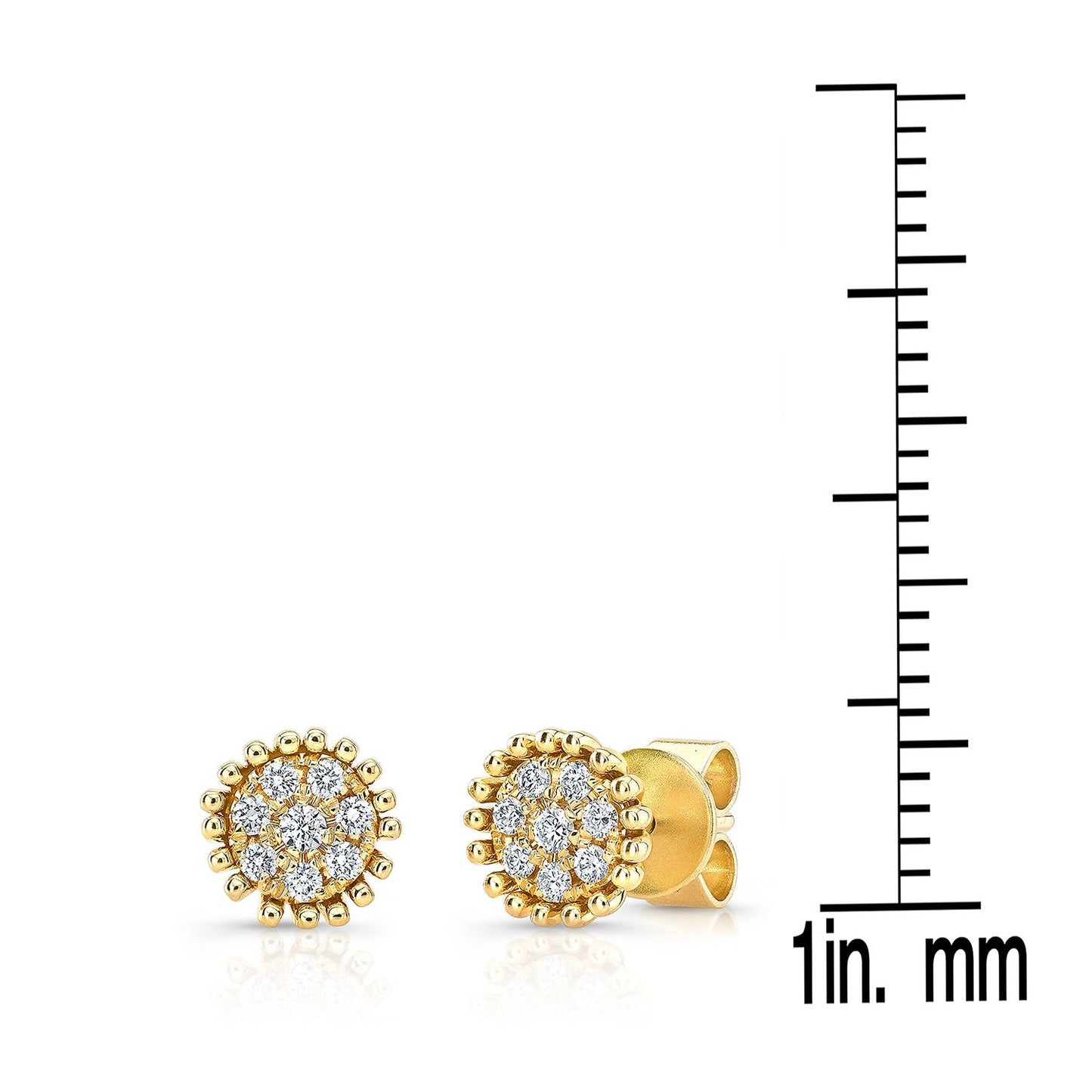 Diamond Pave Round Earrings With Beaded Border In 14k Yellow Gold (1/6 Ct.tw.)