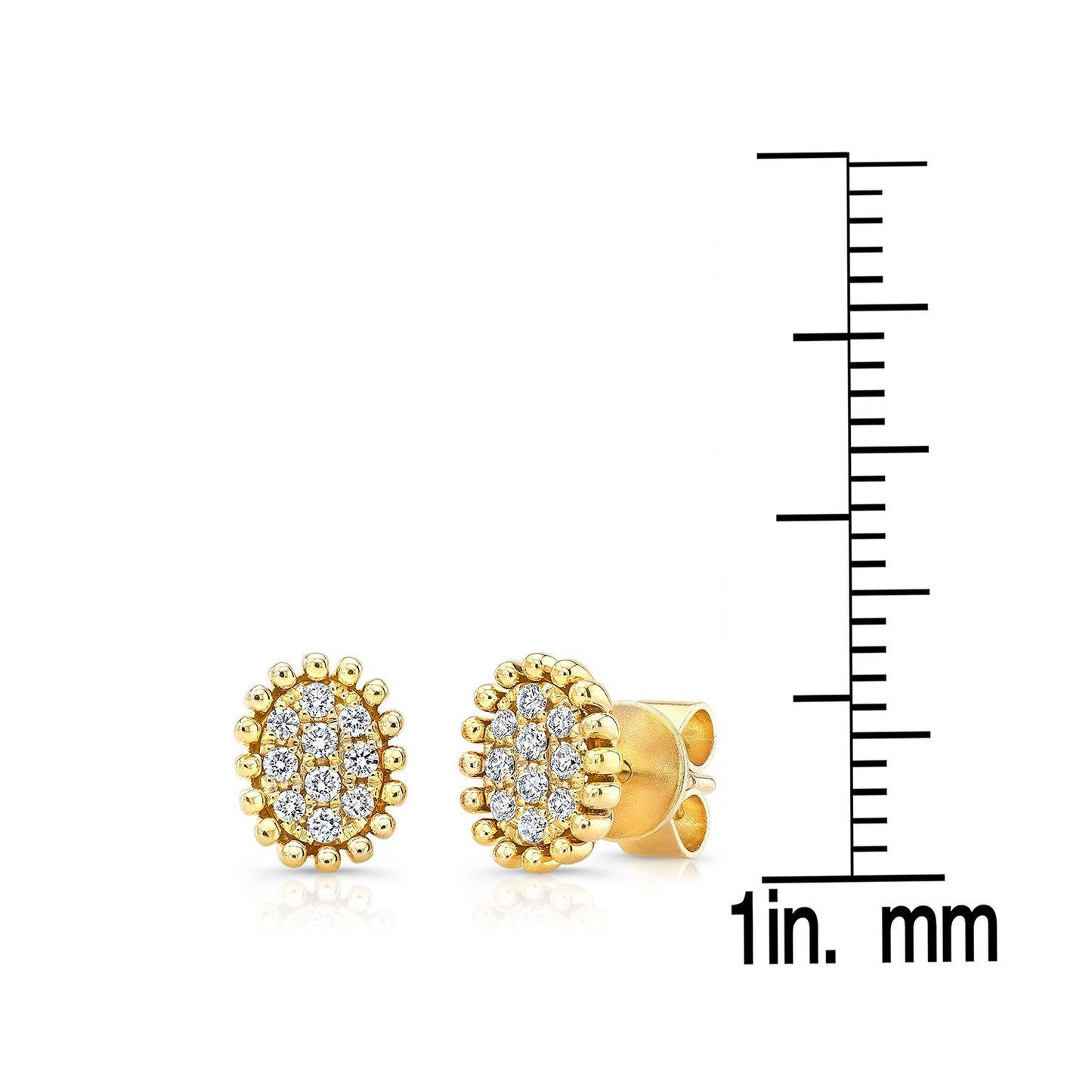 Diamond Pave Oval-shape Earrings With Beaded Border In 14k Yellow Gold