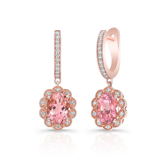 Oval Pink Tourmaline A Diamond Halo Earrings In 14k Rose Gold