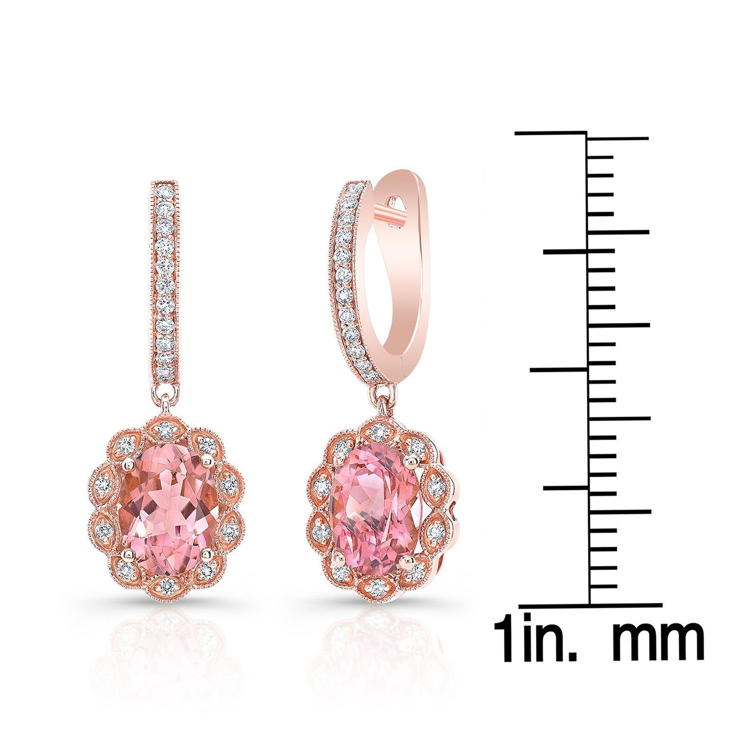 Oval Pink Tourmaline A Diamond Halo Earrings In 14k Rose Gold
