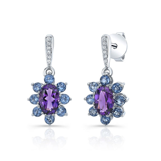 Amethyst, Iolite And Diamond Floral Drop Earrings In 14k White Gold