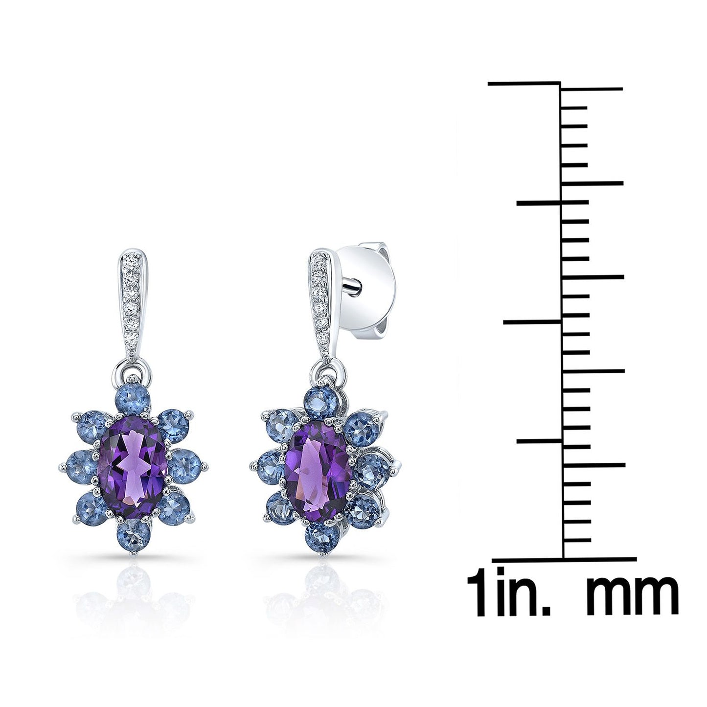 Amethyst, Iolite And Diamond Floral Drop Earrings In 14k White Gold