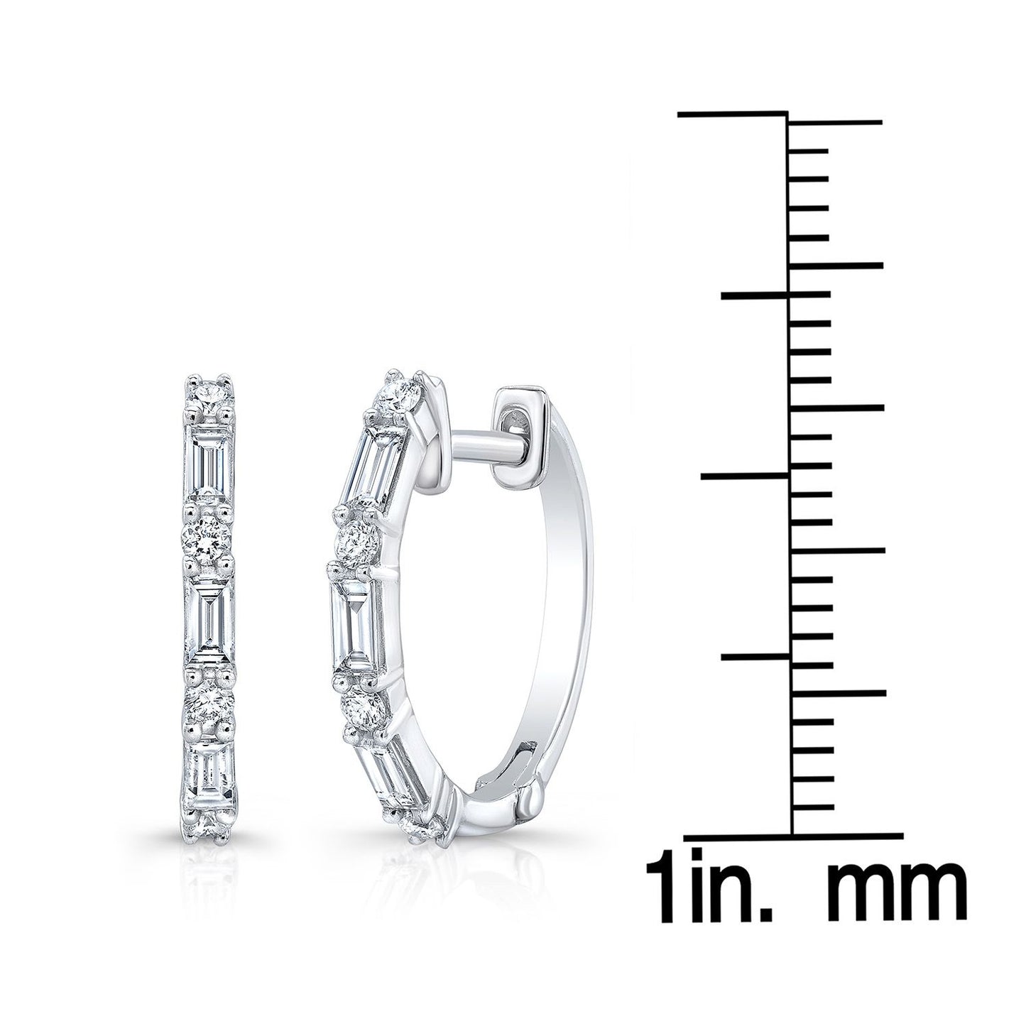 Diamond Baguette And Round Hoop Earrings In 14k White Gold