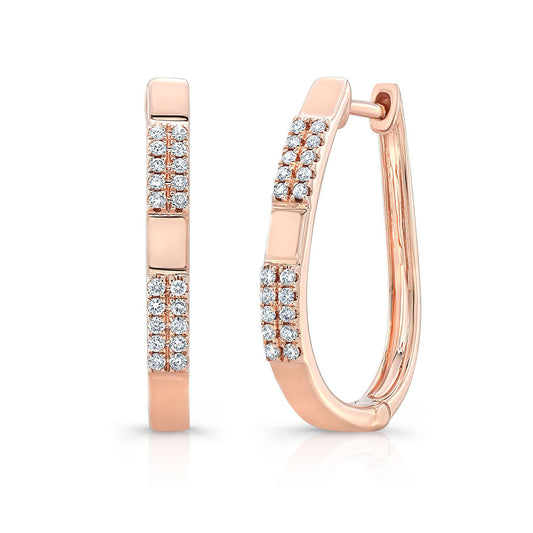 Diamond Pave Linear Oval Hoop Earrings With High Polish Accent In 14k Rose Gold