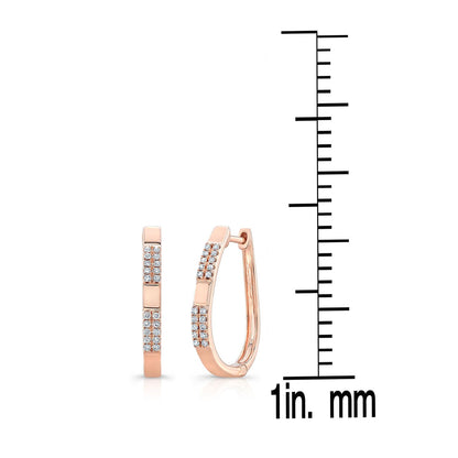 Diamond Pave Linear Oval Hoop Earrings With High Polish Accent In 14k Rose Gold