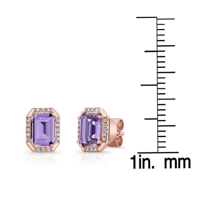 Amethyst Octagon Earrings With Pave & High Polish Frame In 14k Rose Gold (7x5mm)