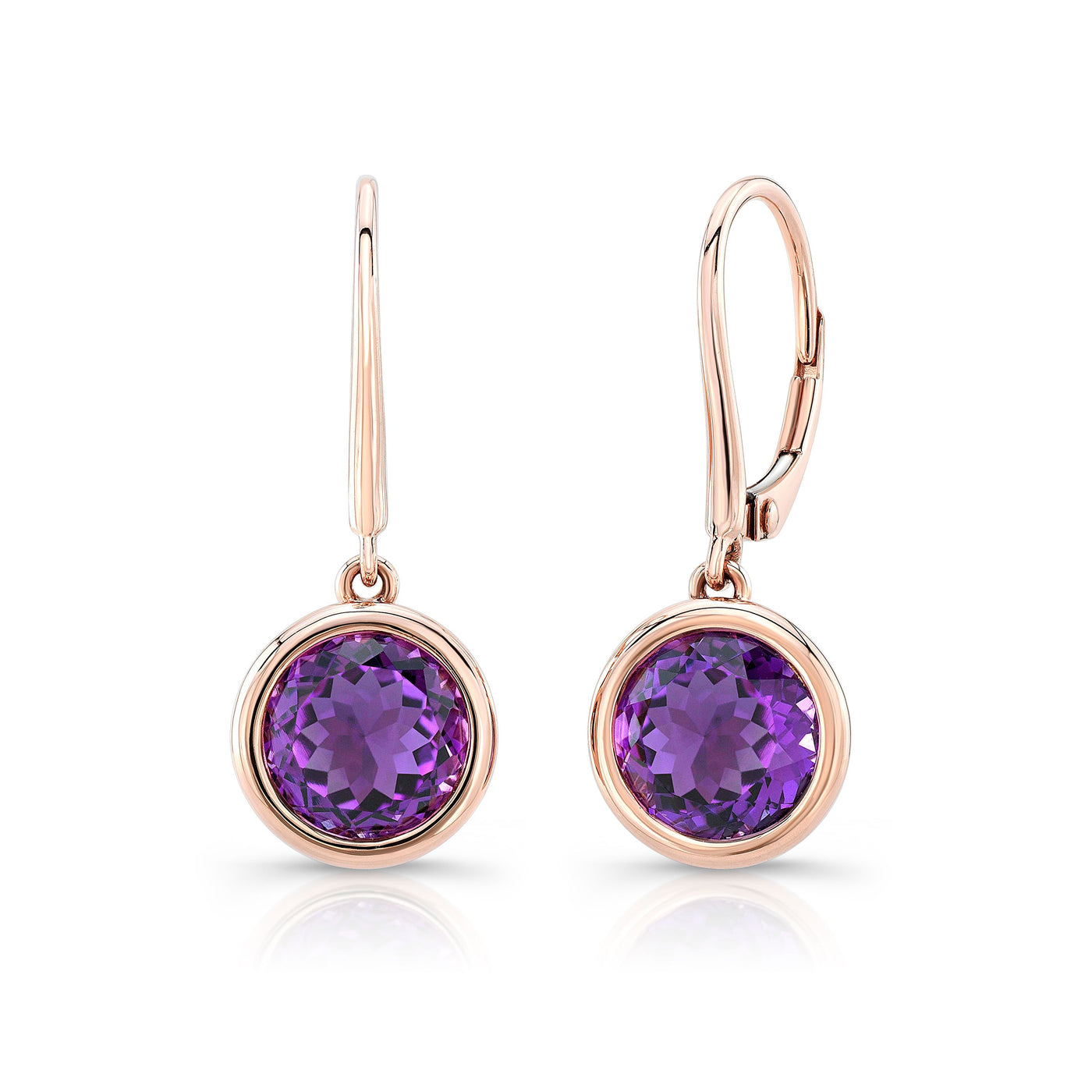 Amethyst Round Bezel Drop Earrings With Leverbacks in 14K Rose Gold | RockHer