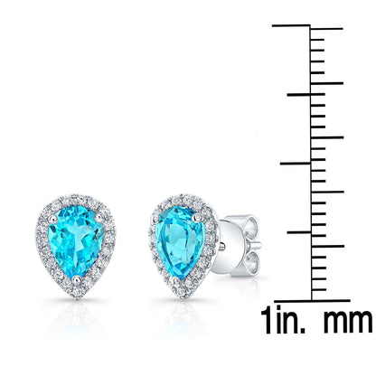 Blue Topaz And Diamond Halo Teardrop Earrings In 14k White Gold 0.18ctw