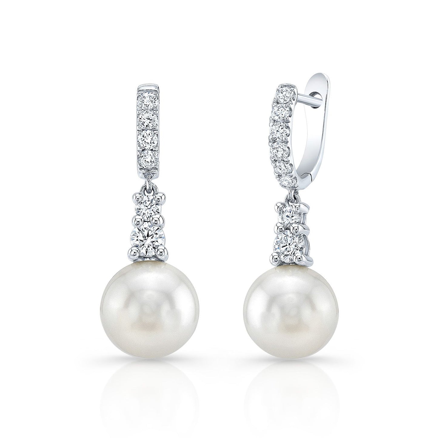 White Pearl And Diamond Dangle Earrings With Prong-set Tops And Hinged Post Backs In 14k White Gold (8.0-8.5mm) (si)