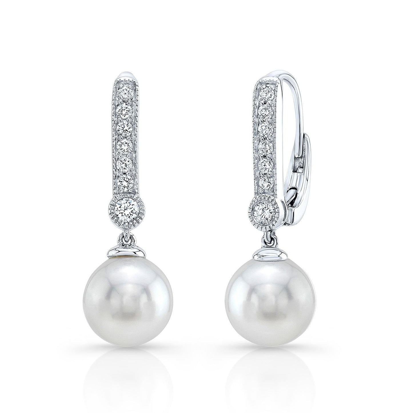 Cultured Pearl And Diamond Straight Dangle Earrings With Prong Set Tops And Bezel Accent In 14k White Gold (8.0-8.5mm) (si)