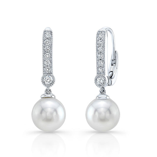 Cultured Pearl And Diamond Straight Dangle  Earrings With Prong Set Tops And Bezel Accent In 14k White Gold (8.0-8.5mm) (si)