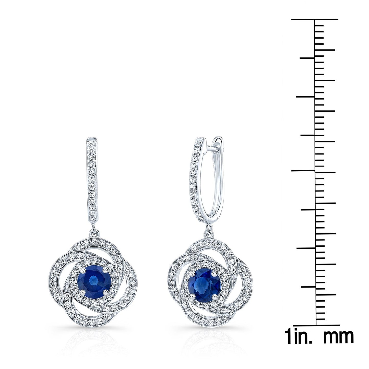 Sapphire And Diamond Round Dangle Earrings With Pave Love Knot Frame In 14k White Gold (5.5mm)