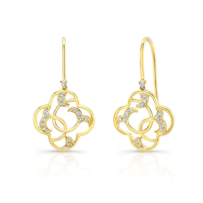 Diamond Open Clover Dangle Earrings With Twine Design And French Wire Backs In 14k Yellow Gold